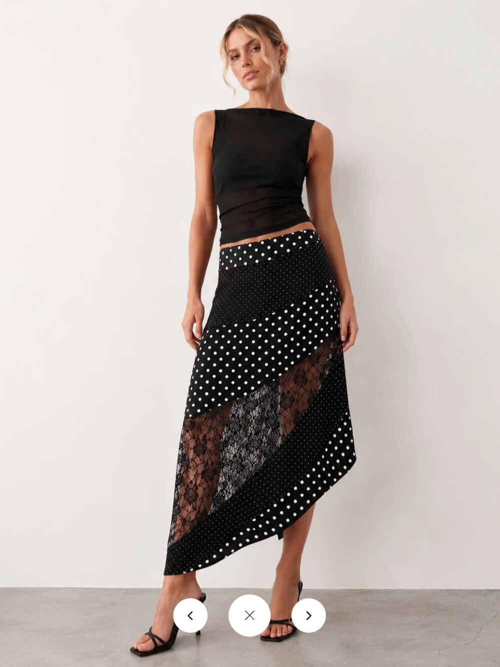 NWT Commense Polka Dot Lace Patchwork Asymmetric Midi Skirt Sz M